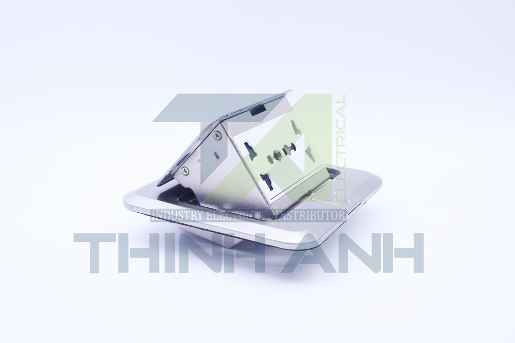 Ổ cắm âm sàn gồm 2 ổ cắm 3 chấu đa năng màu xám bạc